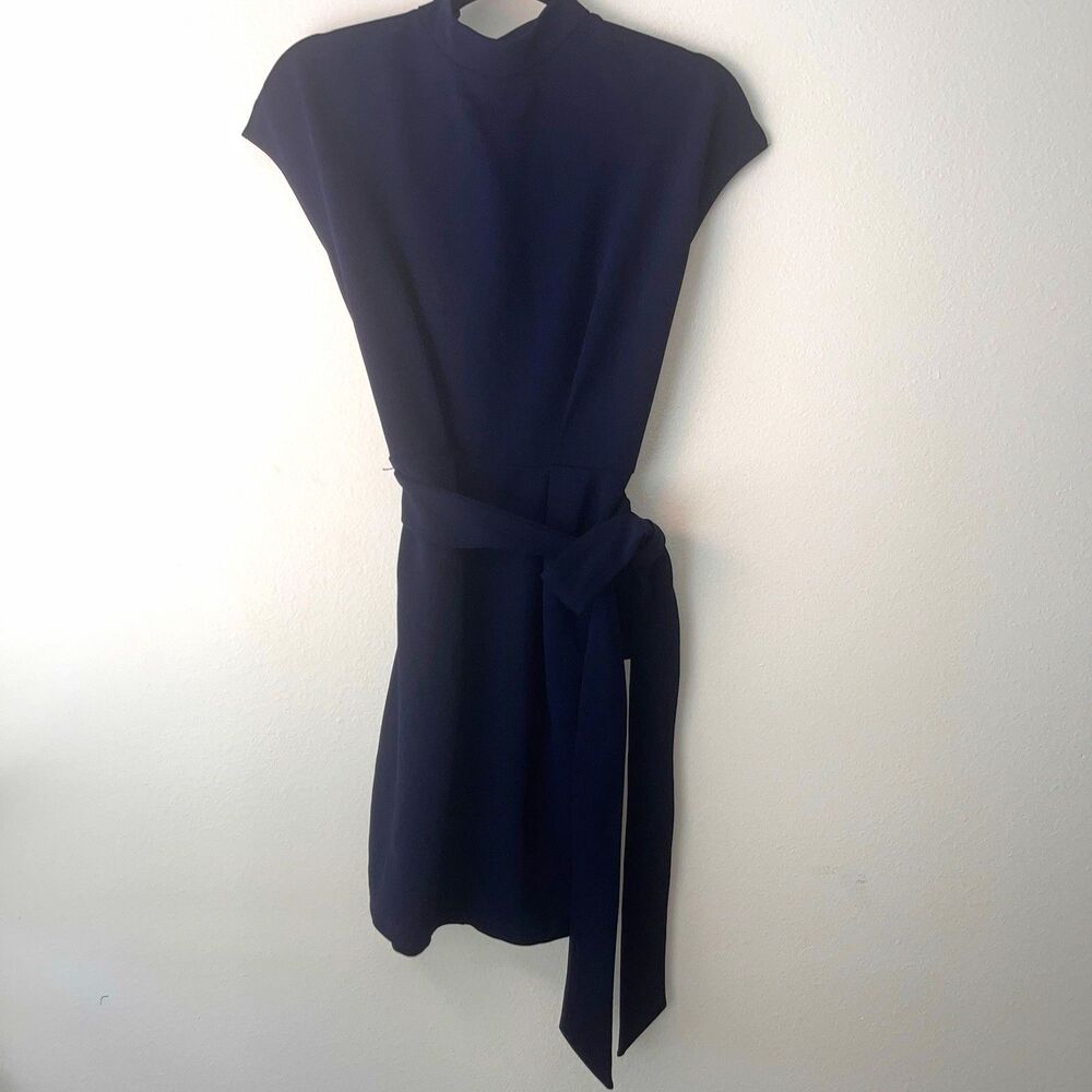 B. JHR Womens Navy Solid Belted Crewneck Zip Dress Short Sleeve Workwear
